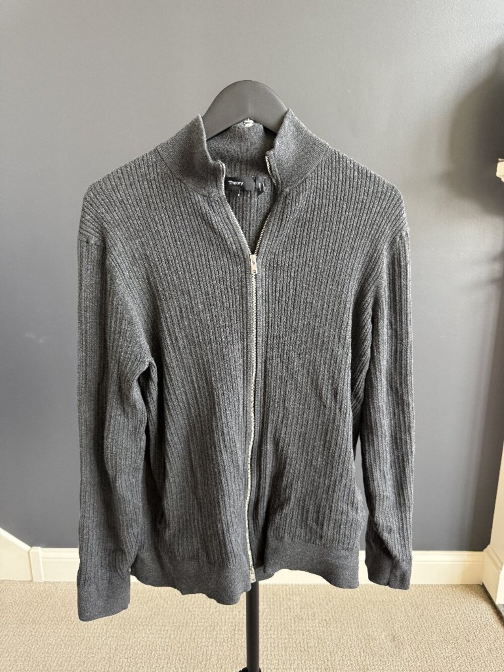 Theory Charcoal Ribbed Double-Zip Cardigan Sweater M